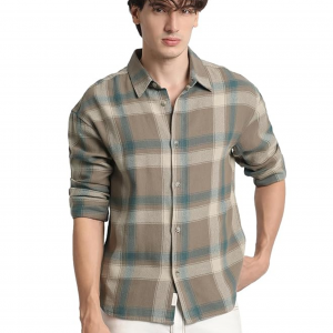 Men's Brown Checked Relaxed Fit Cotton Casual Shirt
