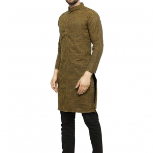 Mens' Solid Cotton Long Kurta_Mehandi